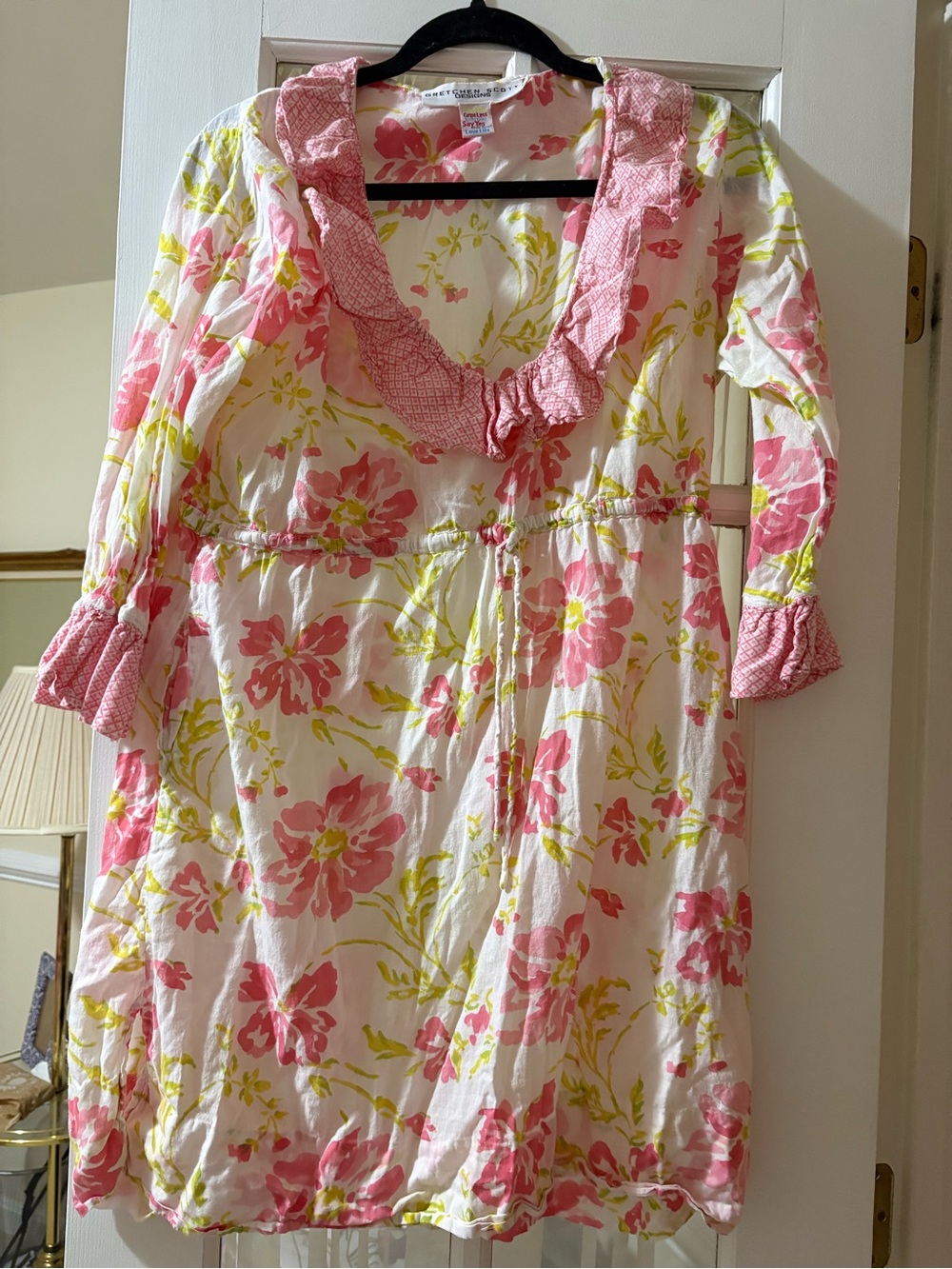 Gretchen Scott Designs Pink Floral Ruffle-Trim Cotton Coverup Dress